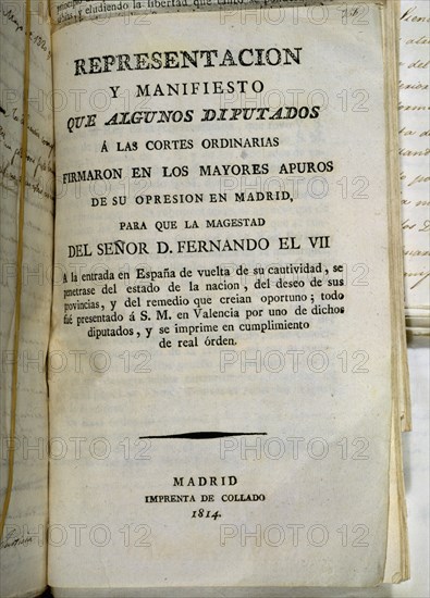 REPRESENTAC Y MANIFIESTO QUE DIPUTADOS A LAS CORTES ORDINARIAS FIRMARON PARA PRESENTAR A FDO