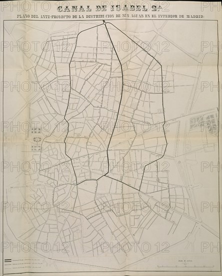 PLANO DEL ANTEPROYECTO DE LA DISTRIBUCION DE LAS AGUAS EN EL INTERIOR DE MADRID(CANAL ISABEL