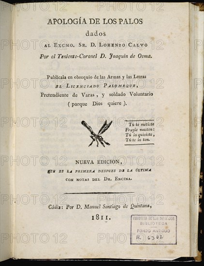 PALOMEQUE
APOLOGIA DE LOS PALOS DADOS AL SR.D.LORENZO CALVO-NUEVA EDICION-CADIZ 1811
MADRID,
