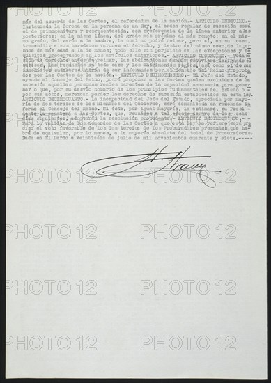 ACUERDOS DE LAS CORTES PARA APROBACION DE LEY -ARTICULOS - EL PARDO 26/7/1947-FIRMA FRANCO
MADRID,