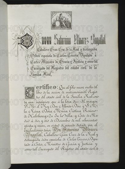 CERTIFICACION DE D.SATURNINO ALVAREZ BUNGALLAL SOBRE EL REGISTRO CIVIL DE LA FAMILIA REAL