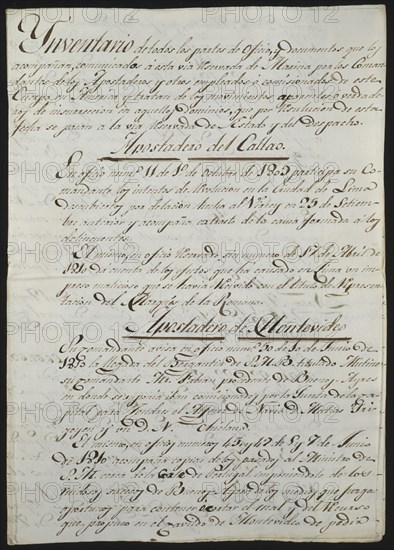 INVENTARIO DE TODAS LAS PARTES DEL OFICIO Y DOCUMENTOS-MARINA-APOSTADEROS DEL CALLAO Y