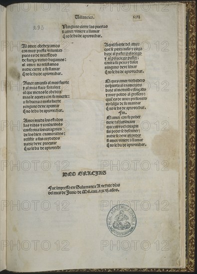 ENCINA JUAN DE
ULTIMA PAGINA DEL CANCIONERO- CON FECHA DE IMPRESION EN SALAMANCA- 1486
MADRID,