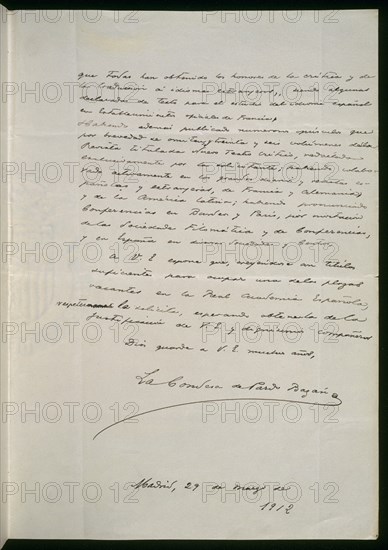 PARDO BAZAN EMILIA
CARTA Y FIRMA DE EMILIA PARDO BAZAN SOLICITANDO UNA PLAZA DE NUMERO/