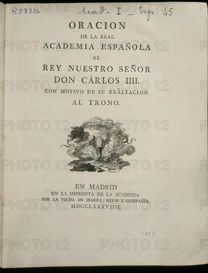 BERLINGUER
PORTADA-ORACION DE LA REAL ACADEMIA AL REY CARLOS III/ IMPRESA POR ANTONIO PEREZ EN