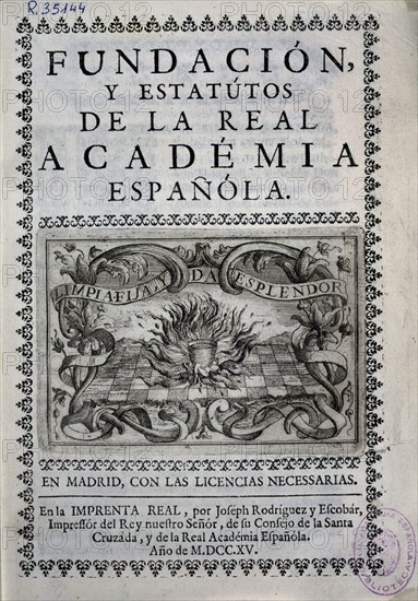 PORTADA-FUNDACION Y ESTATUTOS DE LA REAL ACADEMIA ESPAÑOLA-1715-IMPRESO POR JOSE RODRIGUEZ