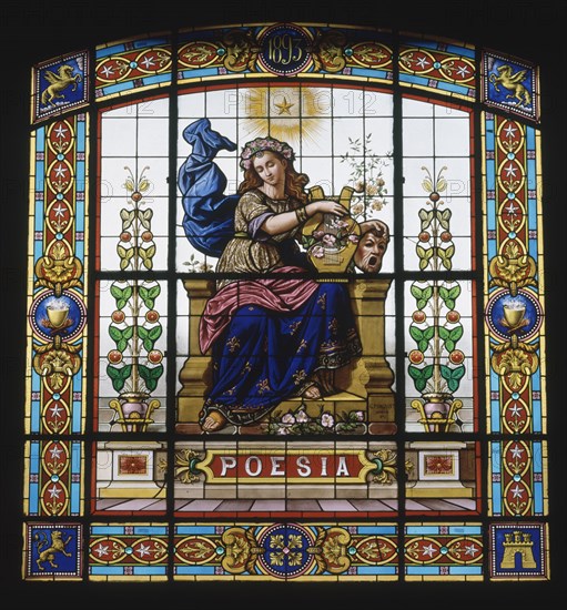 SALON DE ACTOS / VIDRIERA CENTRAL CON LA REPRESENTACION DE LA POESIA/ 1893
MADRID, ACADEMIA DE LA