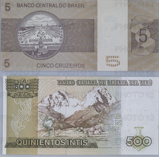 BILLETES EN DESUSO DE QUINIENTOS INTIS PERUANOS Y DE CINCO CRUZEIROS BRASILEÑOS- REVERSO

This