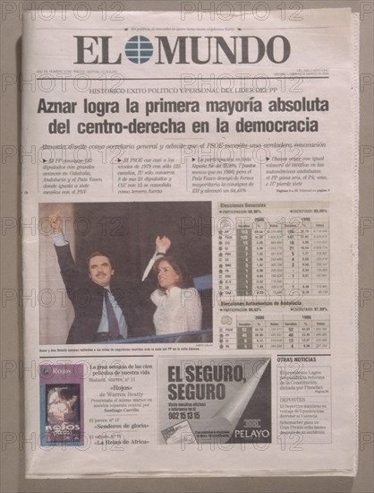PORTADA DEL PERIODICO EL MUNDO EL DÍA QUE AZNAR GANO LAS ELECCIONES- MARZO 2000

This image is