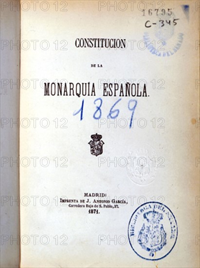 PORTADA - CONSTITUCION DE LA MONARQUIA ESPAÑOLA - 1869 - NUMERO DE SERIE 16795
MADRID,