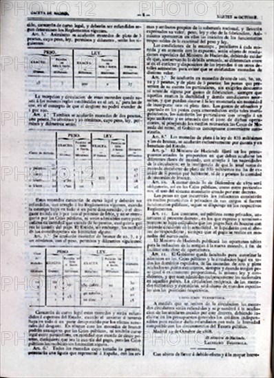 GACETA DE MADRID - DECRETO DE CREACION DE LA PESETA - S XIX
MADRID,