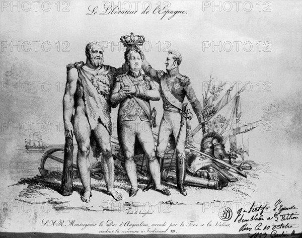 EL DUQUE DE ANGULEMA SECUNDADO POR LA FUERZA Y EL VALOR CORONA A FERNANDO VII - LITOGRAFIA - S
