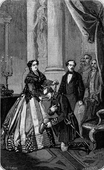 LEOPOLDO O'DONNELL RECIBIENDO DE ISABEL II EL ESCAPULARIO AL PARTIR A LA GUERRA DE AFRICA- S