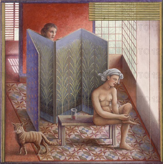 PEREZ VILLALTA GUILLERMO 1948-
MUJER PINTANDOSE LAS UÑAS-2000-      142x142 cm
MADRID, GALERIA