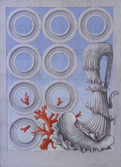PEREZ VILLALTA GUILLERMO 1948-
INVENCION MARINA CON CIRCULOS Y CORAL-Comenzado en Madrid