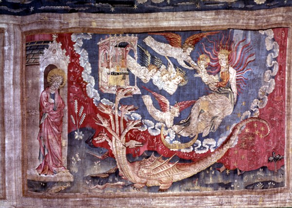 TAPIZ DEL APOCALIPSIS-ANGELES ARREBATAN AL NIÑO QUE EL DRAGON QUERIA DEVORAR-carton J Bruges-S