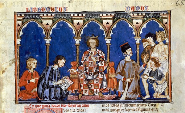 ALFONSO X EL SABIO 1221/84
D- LIBRO DE JUEGOS-F65R- ALFONSO X DICTA EL LIBRO DE LOS DADOS-COPISTAS