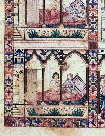 ALFONSO X EL SABIO 1221/84
D-MS.B.R.20- CANTIGA STA MARIA-Nº312-F58-E-AMANTES EN LA