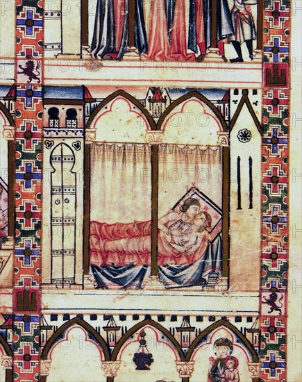 ALFONSO X EL SABIO 1221/84
D-MS.B.R.20- CANTIGA STA MARIA-Nº312-F58R-D-AMANTES EN LA