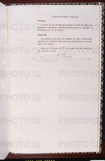 LEY ORGANICA DEL ESTADO DEL 10 DE ENERO DE 1967 - ULTIMA PAGINA CON LA FIRMA DE FRANCO
MADRID,