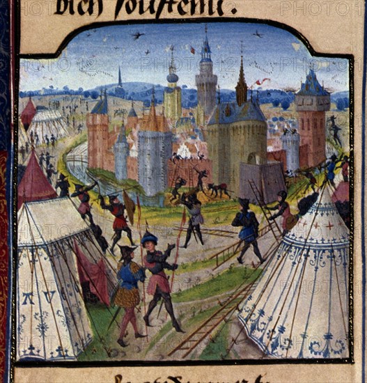 D-LIBRO DE LAS CRUZADAS- BARONES FRANCESES ASEDIAN UNA CIUDAD- MANUSCRITO DEL S XV- Conj