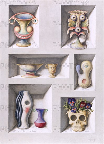 PEREZ VILLALTA GUILLERMO 1948-
ALACENA CON VASOS EN FORMA DE CARAS - 2003 - 70x51 -