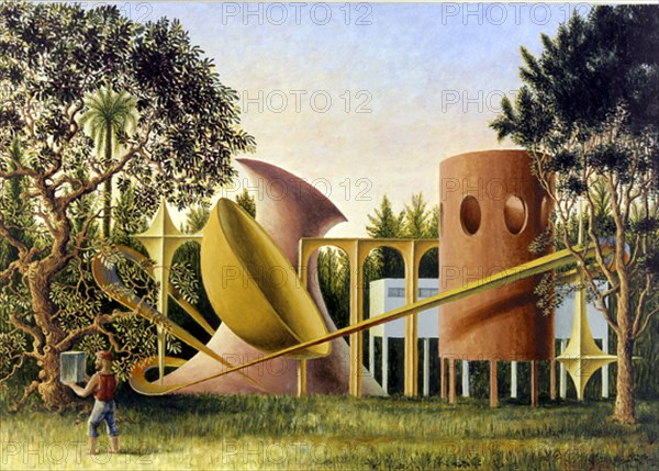 PEREZ VILLALTA GUILLERMO 1948-
PAISAJE CON RUINAS RETROFUTURISTA - 2003 - TEMPLE/LIENZO -