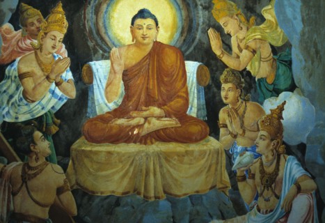 Peinture murale représentant Gautama Bouddha sur le trône divin, entouré d'anges