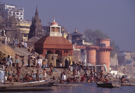 View of the ghats and people bathing at Varanasi