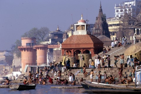 View of the 'ghats' and people bathing at Varanasi, India