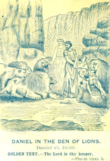 Old bible lesson card art showing Daniel in the Lion`s Den