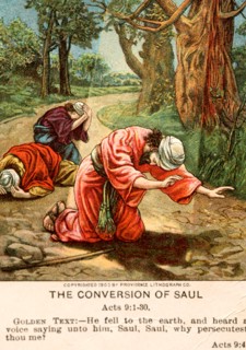 Antique bible lesson card depicting the conversion of Saul (Paul) on the road to Damascus
