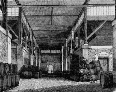 Cellar of the covered wine market in Paris, 1882