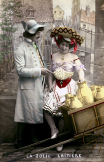 Vintage postcard, the pretty dairy girl and the lover