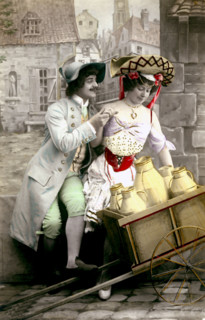 The pretty dairy girl and the lover. Vintage postcard