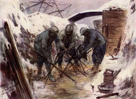 Douy-Pascault, Construction of barbed wire fences in a frontline trench, Northeast of Béthincourt