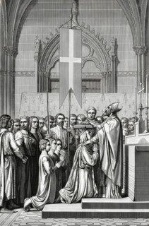 L'évêque de Paris bénit Saint Louis avant son départ en croisade.