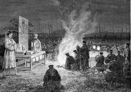 Funeral ceremony at  Sou -Tcheou, China. Design by Tofani. 
1874                 ( Le Tour du