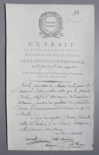 Nomination de général Hoche au titre de général de division à l'armée de la Moselle (An II)