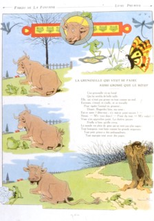 Benjamin Rabier, Illustration des Fables de Jean de la Fontaine : la grenouille voulant se faire aussi grosse que le boeuf (1906)