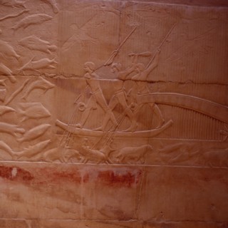 Saqqarah, mastaba de Kagemni, scène de pêche au harpon dans les marais de papyrus