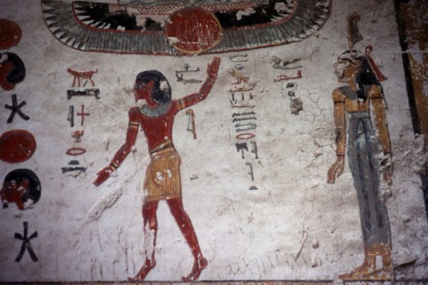 Tomb of Ramses VI: Winged disk, dancing god, "he who is in the upper sky", and the goddess Maat