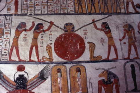 Tomb of Ramses VI. Four divinities and 2 cobras surrounding a large disk from which emerges a Hathor head