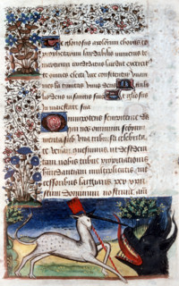 Manuscrit des Heures de Rohan-Montauban, Licorne au penon tenant un monstre en respect