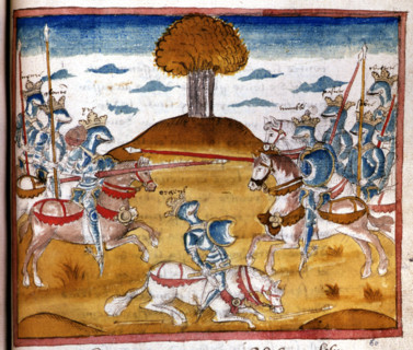 Manuscript. Henry de Ferrières, "Le livre du Roy Modus et de la Royne Ratio", tournament scene