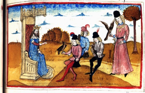 Manuscript. Henry de Ferrières, "Le livre du Roy Modus et de la Royne Ratio", falconry scene
