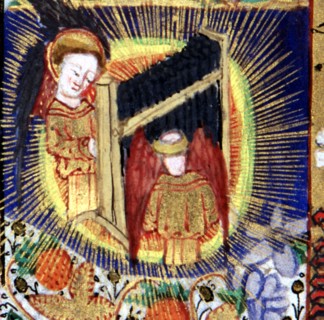 Manuscrit des Heures de Rohan-Montauban : Détail de l'Assomption de la Vierge et de sa mise au tombeau : anges