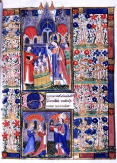 Manuscrit des Heures de Rohan-Montauban : grande composition à deux scènes : la vie de saint Nicolas