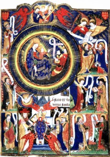 Manuscrit des Heures de Rohan-Montauban : Composition à plusieurs scènes ordonnées autour d'une orbe représentant la Vierge et son fils