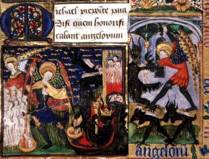 Manuscrit des Heures de Rohan-Montauban : suite des suffrages aux saints : l'archange Gabriel soulevant la balance des élus et des damnés